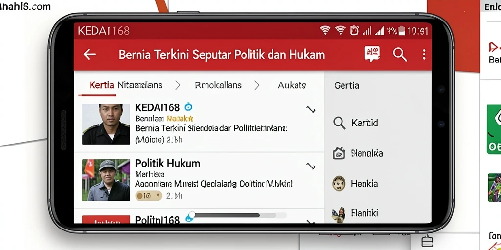 Tampilan antarmuka KEDAI168 dengan berita politik dan hukum.